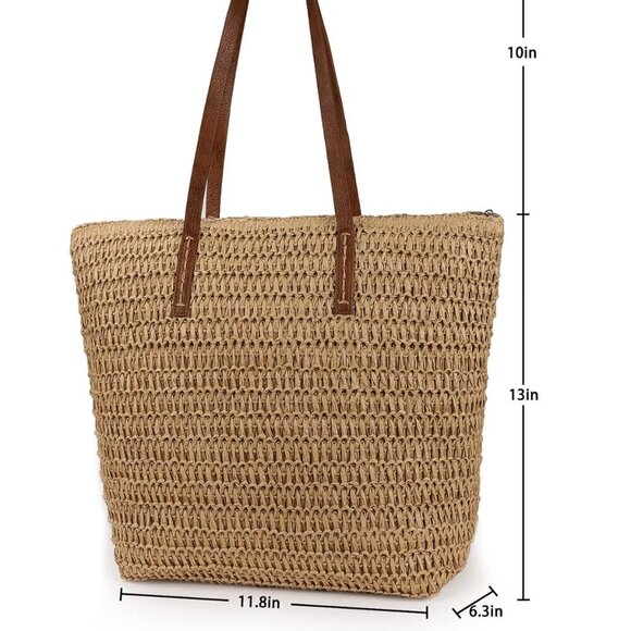 Womens Large Straw Tote Bag Handwoven Summer Beach Shoulder Purse - Picture 5 of 6